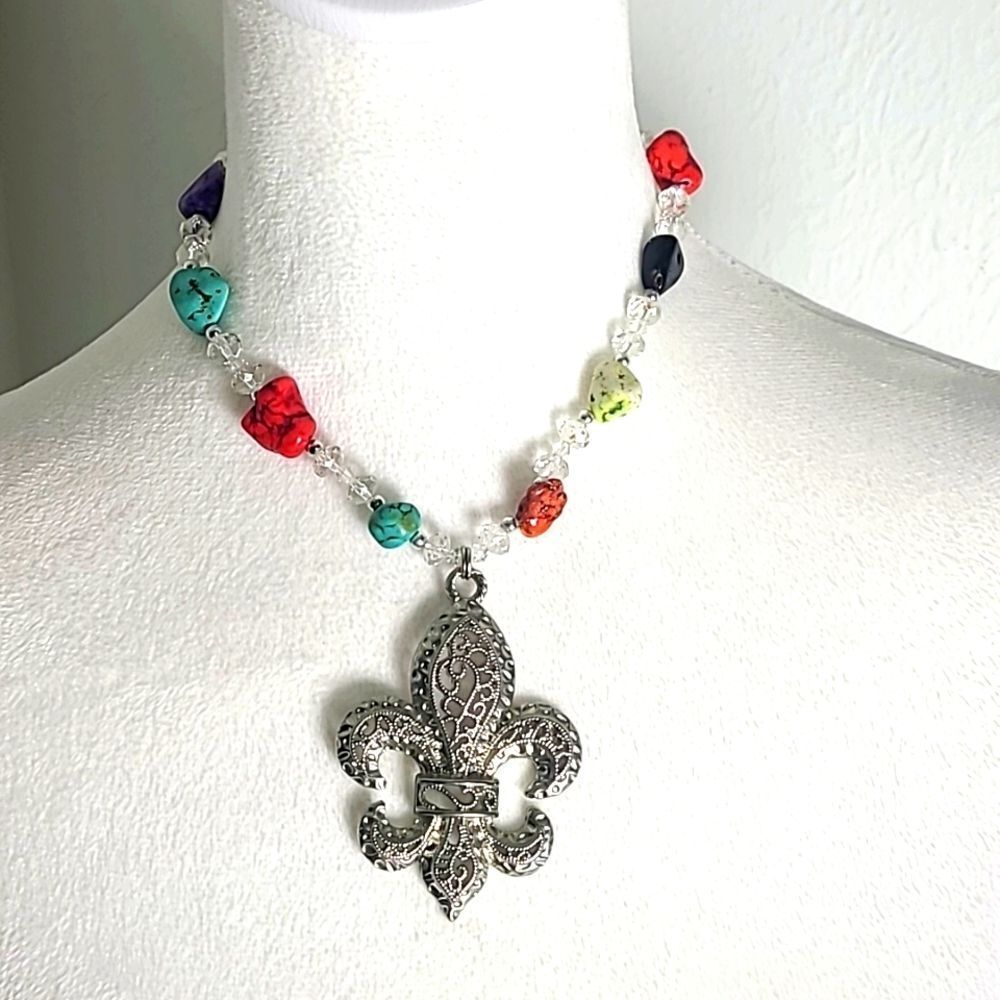 Silver Fleur-de-lis Necklace with Colored Stones